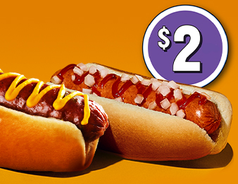 Philly Cheesesteak Dog with mustard and Everyday Dog with ketchup and onions, for $2 each