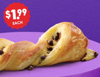 Enjoy our Chocolate Twist, a buttery flaky pastry packed with chocolate chips, and twist to a better morning.
