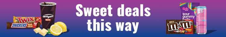 Sweet deals this way including deals on snickers, twix, m&ms, Epic sour gummies, and Pink Red bull