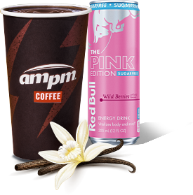 Cup of all-new Hochata coffee and Pink edition Red Bull