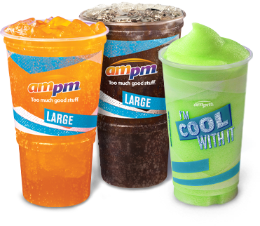 2 soda fountain drinks beside the Powerade Xtra Sour Green Apple Freeze