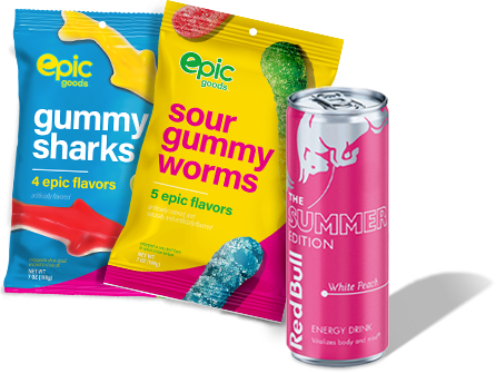 epic goods gummy sharks, epic goods sour gummy worms, and a White Peach Red Bull