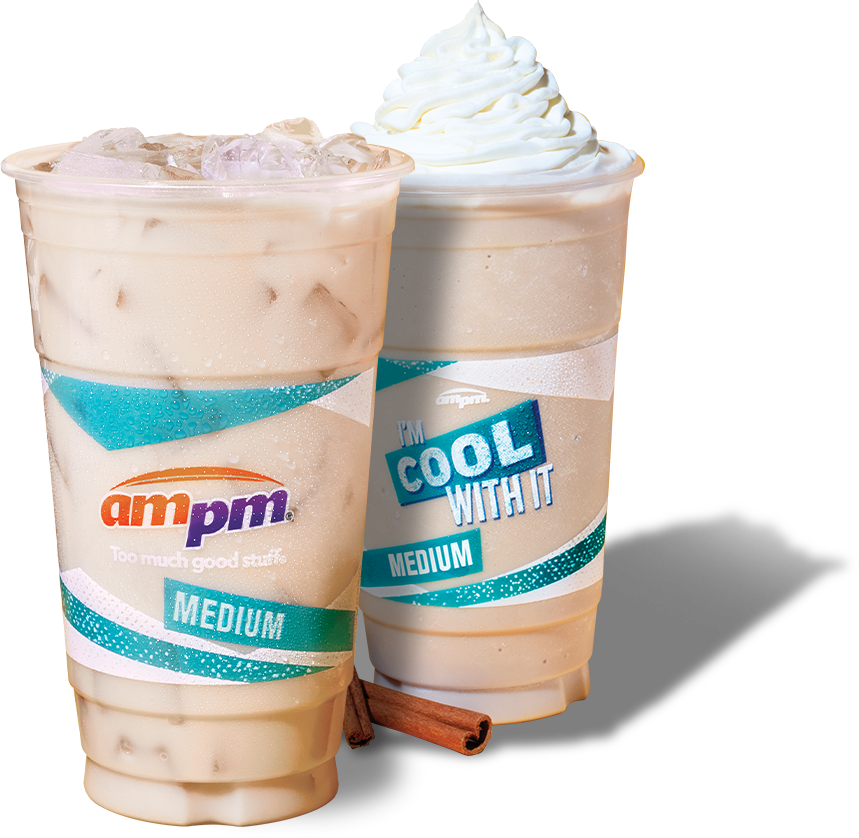 A cup of ampm horchata and a cup of Dirty Horchata Frostiato