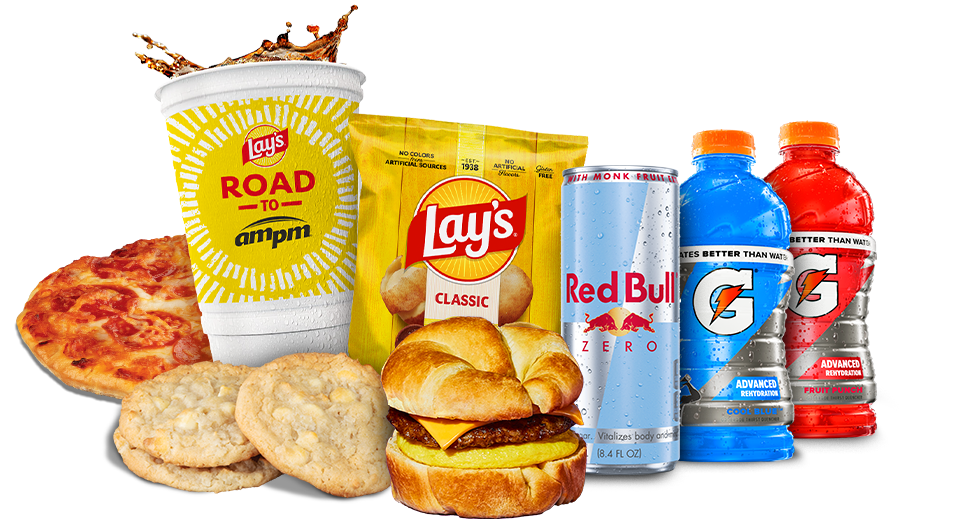 Personal Pizza, 40-ounce Fountain Drink, Coconut Key Lime Cookies,  Breakfast Croissant, a Lay's® chips, an 8.4-ounce Red Bull®, and 2 28-ounce bottles of Gatorade®