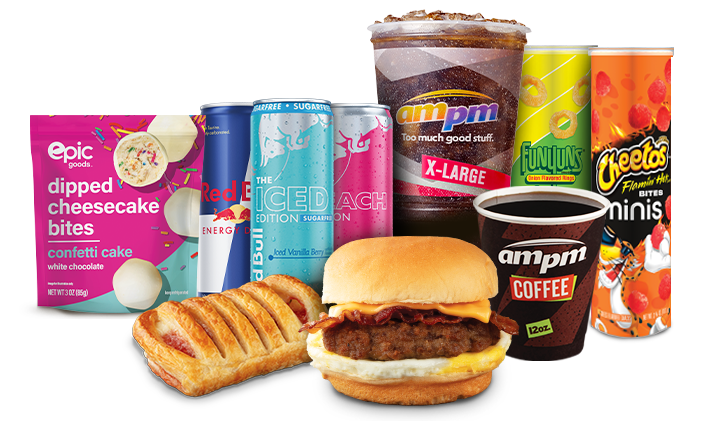 epic goods Cheesecake Bites, Red Bull, an XL cup of soda, two Frito-Lay Minis, a Danish, a burger, and a 12-ounce coffee