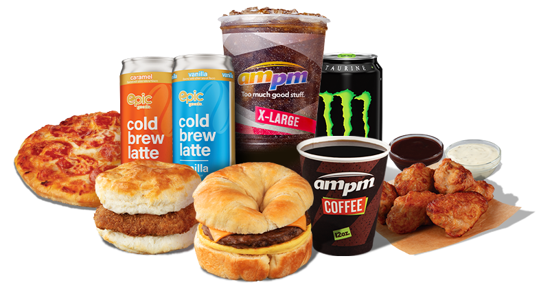 Pizza, cold brews, chicken biscuit, croissant sandwich, fountain drink, monster energy, coffee, wings, barbecue, and ranch