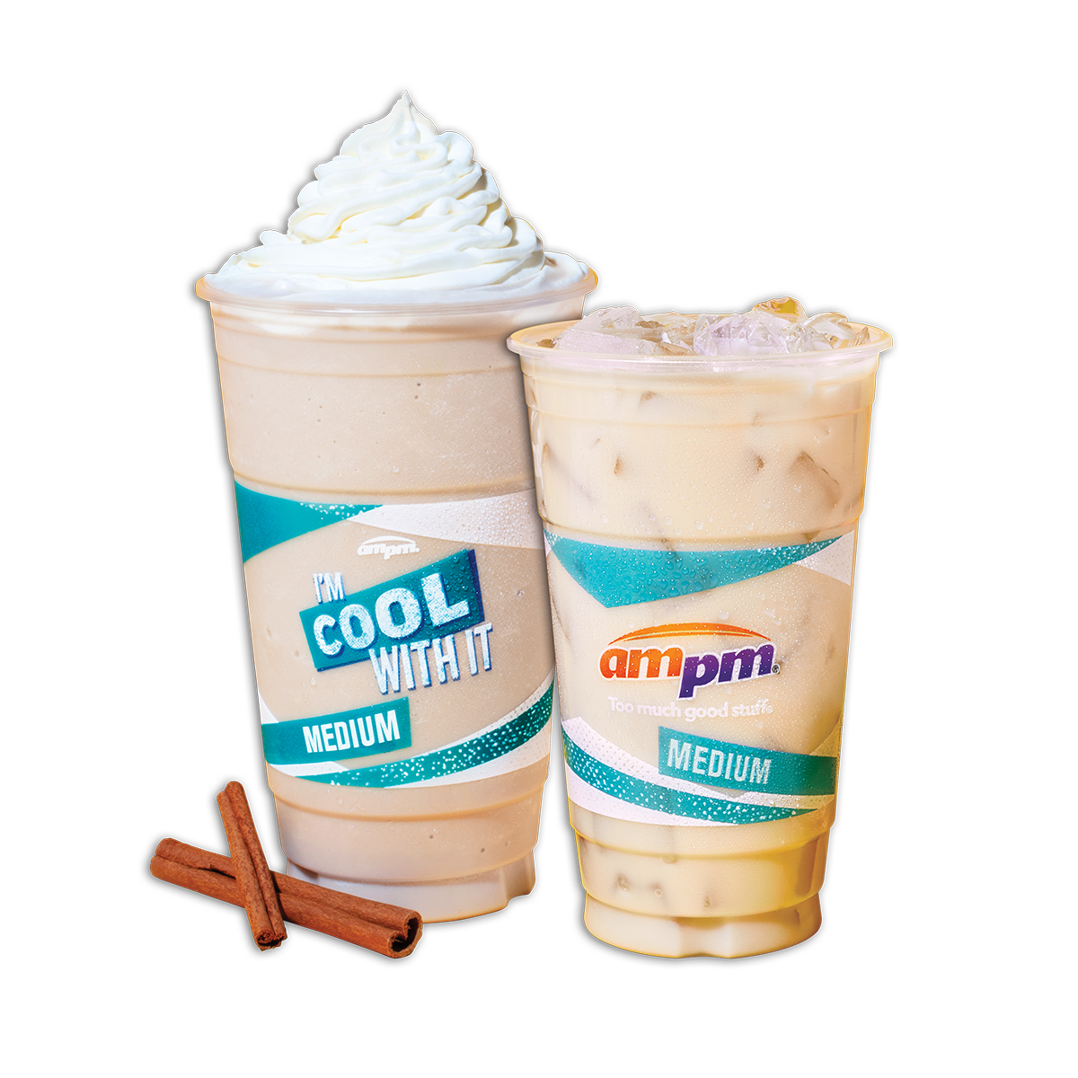 Medium frozen horchata with whipped cream, medium iced dirty horchata, and two cinnamon sticks