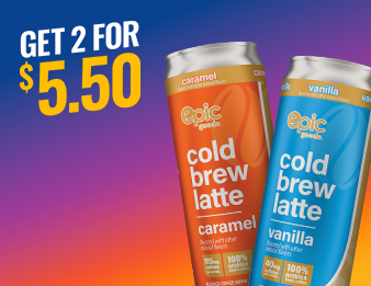 An epic goods caramel latte can, and an epic goods vanilla latte can