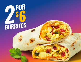 Two Egg and Bacon burritos beside a sprig of cilantro