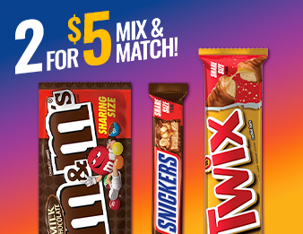 A share size pack of M&amp;M's, Snickers, and Twix