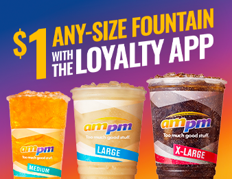 A medium, large, and extra-large ampm fountain drink.