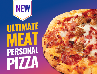 The new Ultimate Meat Personal Pizza topped with pepperoni, sausage, and ham.