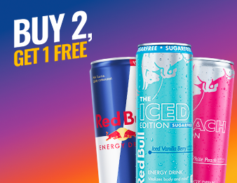 A can of Original Red Bull, Iced Vanilla Berry Red Bull, and White Peach Red Bull.