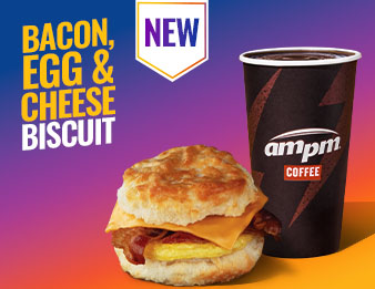 A bacon, egg and cheese biscuit with an ampm coffee