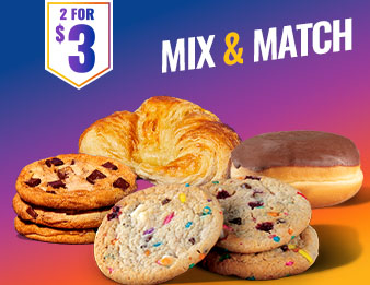 3 chocolate chip cookies, a croissant, a boston cream donut, and 3 banana split cookies