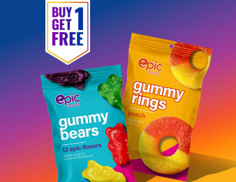 A bag of epic goods gummy bears and a bag of epic goods peach gummy rings