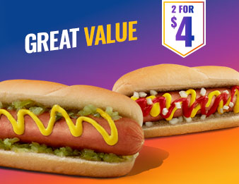 A hot dog with mustard and relish and a hot dog with ketchup, mustard and onions