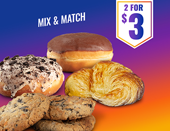 A 3-pack of Chocolate Chip Cookies, a croissant, a Boston Cream Donut, and a Cookies and Cream Donut
