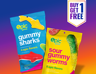 A bag of epic goods gummy sharks and a bag of epic goods sour gummy smiles