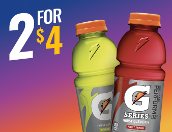 A bottle of Lemon Lime Gatorade and a bottle of Fruit Punch Gatorade.