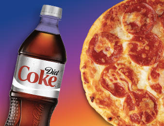 A bottle of Diet Coke and a Pepperoni Pizza.