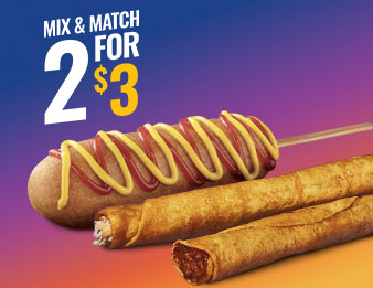 A corn dog with mustard and ketchup and two taquitos