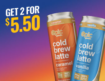 An epic goods caramel latte and an epic goods vanilla latte