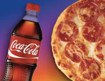 A bottle of Coke and a pepperoni pizza