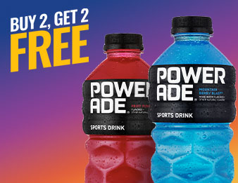 A bottle of Fruit Punch Powerade and a bottle of Mountain Berry Blast Powerade