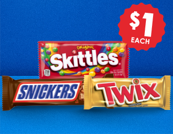 Get Mars candy product on sale for $1. Including SNICKERS®, Skittles, & Twix.