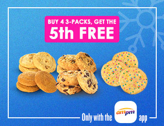 Join the Cookie Club for deals on cookies. Buy 4 3-packs, get the 5th free. Only with the AMPM app.