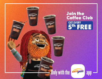 Toomgis juggling coffee--Join the Coffee Club and get every 5th coffee free with only with the ampm app.