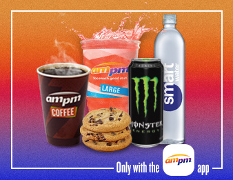 One AMPM coffee, one large fountain soda, one Red Bull, one SmartWater—only with the app.