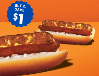 Enjoy our Chili Cheese Dog. Buy 2, save one dollar.