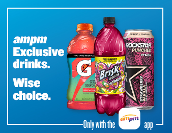 Gatorade Tropical Punch, Brisk #TMGS Passionfruit and Rockstar #TMGS Strawberry Vanilla, exclusively at AMPM.