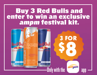 Red Bull single serve cans. Buy three for eight dollars. Buy six and get your seventh free, only with the AMPM app.