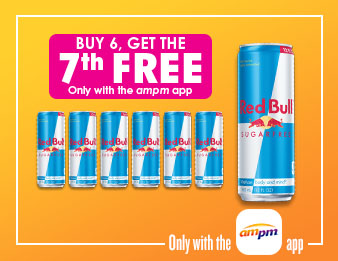 Image of seven Red Bull drinks. Buy six, get the seventh free only with the AMPM app.