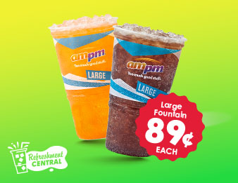 Image of two large fountain sodas in Orange and Coca-Cola flavors. Only 89 cents each.