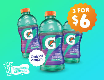 Image of three Gatorade bottles shown in Gatorade Zero, exclusive Aqua Blast, only at AMPM, and Lemon Lime flavor. Three for $6.