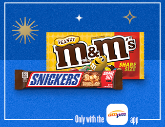 A Share Size M&M'S® and a Share Size SNICKERS®. Only with the A M P M app.