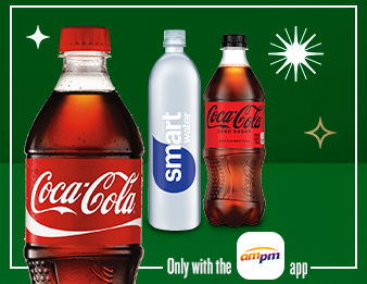 A 20oz Classic Coca-Cola, a 20oz Coke Zero, and a 1 Liter smartwater with a red ornament. Only with the A M P M app.