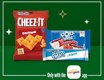 A 3oz Cheez-It Original, a 2.2oz Rice Krispies Treats Original, and a 3.3oz Pop-Tarts with a red ornament. Only with the A M P M app.