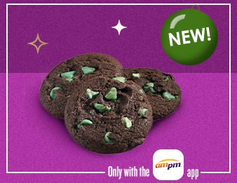 Three Double Chocolate Chip Mint Cookies with a green ornament. New. Only with the A M P M app.