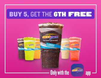 AMPM large fountain drink cup. Buy five fountain drinks, get the sixth free. Only with the AMPM app.
