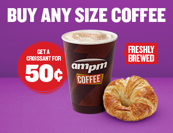 MORNING GLORY, An image of a freshly brewed coffee and croissant. Croissants cost only 50¢ when any size coffee is purchased.