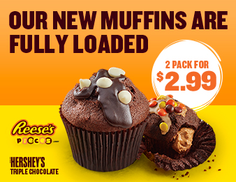O M B (OH MY BREAKFAST)!, Image of a Reese's and Hershey's muffin. They're new and a two-pack costs two dollars and ninety-nine cents.