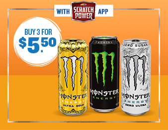 THRICE AS NICE, Image of three Monster Energy(register trademark) drinks. The Scratch Power app now offers a three for $5.50 deal.