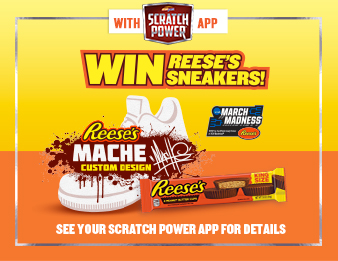 JUST FOR KICKS, An image of a king-size Reese's® Peanut Butter Cup package and a white sneaker. Scratch Power is now offering the chance to win an ampm-exclusive Reese's sneaker.