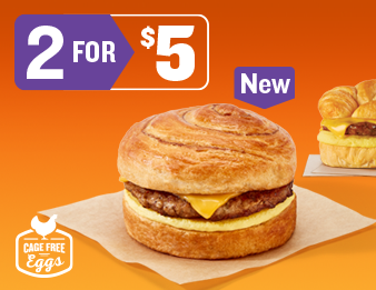 AMPM new Maple Sausage Cinnamon Swirl Croissant, 2 for 5 dollars. Made with cage-free eggs.