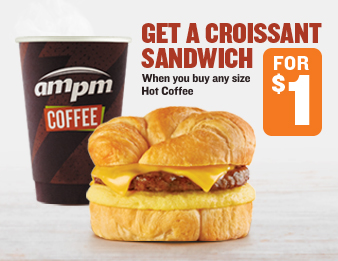 Get a sausage, egg, and cheese breakfast croissant sandwich for one dollar when you buy any size hot coffee.